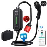 Borne de recharge mobile 11 kW, 16 A, type 2, pour véhicules électriques, mode 2, avec application, câble de 6 mètres, écran de 1,77 pouces, prise CEE 16 A, réglable de 6 à 16 A, indice de protection IP65, sac de transport