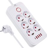 Maclean MCE391 W - Stekkerdoos, 6-polige verlengkabel 3m + 4xUSB, 110-240V AC 50/60Hz, 2,1A max 2500W - wit