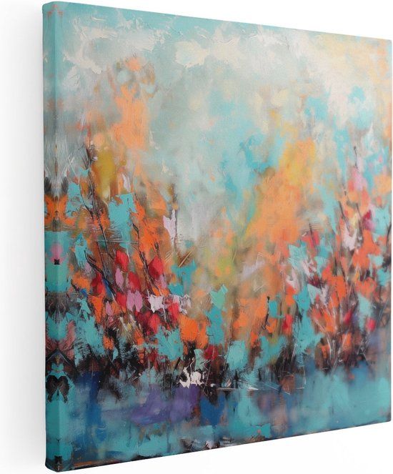 Artaza Canvas Schilderij Abstract Kunstwerk Bomen Blauw Oranje 90x90