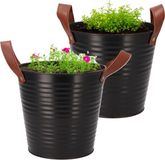 DK Design Plantenpot/bloempot emmer Leather- 2x - zink - zwart - D20 x H19 cm