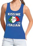 Bellatio Decorations Shoppartners Bv Kiss me I am Italian tanktop / mouwloos shirt blauw dames - feest shirts dames - Italie kleding L