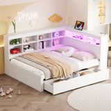 MODFU Slaapbank 140x200 cm – Massief hout – LED – USB – Grote lades – Wit