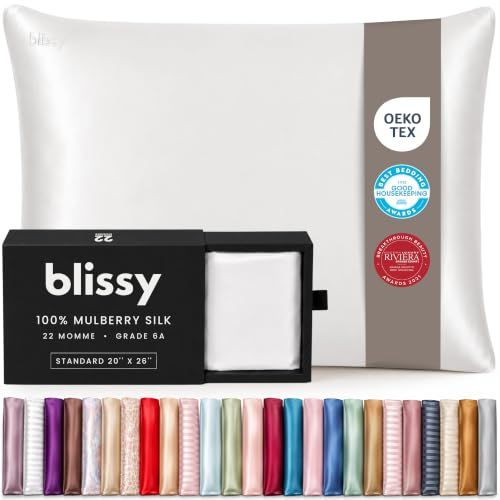BLISSY Zijden kussensloop 100% pure moerbeizijde 22 momme 6A hoogwaardige vezels satijn kussensloop haar en huid regelmatig, Queen & King Size zijden kussensloop w/verborgen rits vochtafvoerend, wit