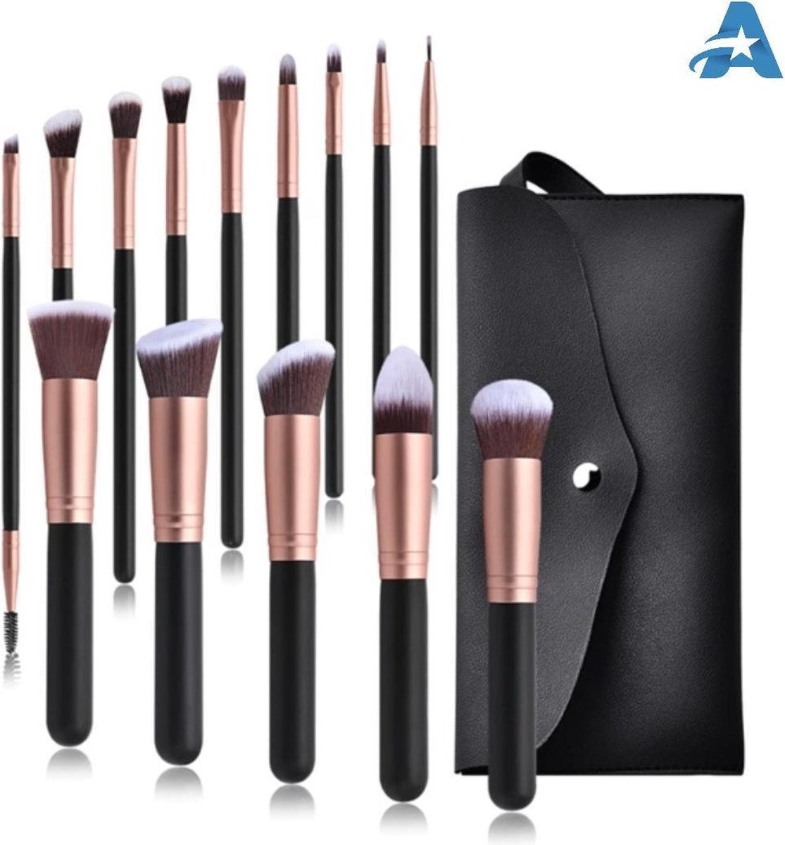 AMN store Make-up kwasten set 14-delig met tasje zwart