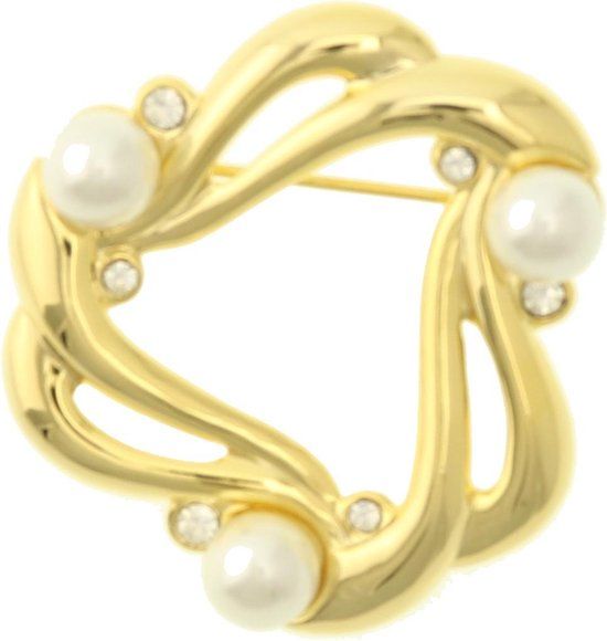 Behave® Broche krans goud kleur met parels en steentjes 4 cm - Unisex - Metaal - Glas - Zilverkleurige steen