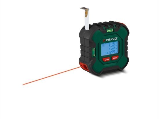 parkside PARKSIDE® Laser-afstandsmeter met rolmaat - 50 meter - Rolbandmaat met automatisch rolmechanisme, vergrendelingsknop en laser