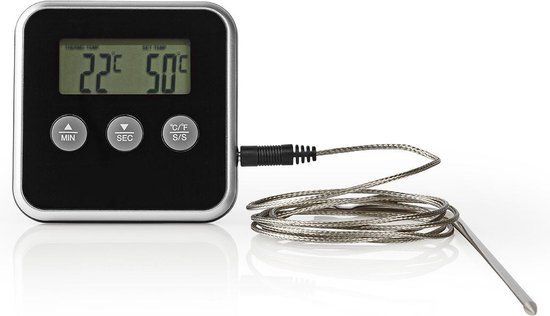 Nedis Vleesthermometer - Alarm / Timer - LCD-Scherm - 0 - 250 °C - Zilver/Zwart