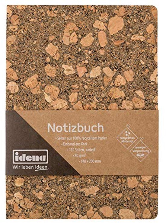 Idena 11001 - Notitieboek 20 x 14 cm, geruit, 192 pagina's, gemaakt van 100% gerecycled papier, kurkomslag, 80 g/m², 1 stuk, lichtbruin