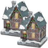 Merkloos / Sans marque Koopman International Verlicht kersthuisje - 2x - blauw dak - polystone - 13 cm - kleur veranderende lichtjes - kerstdorp - kerstversiering