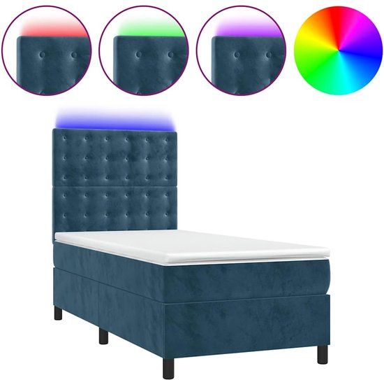 vidaXL Boxspring met Matras en LED Fluweel Donkerblauw 90x190 cm