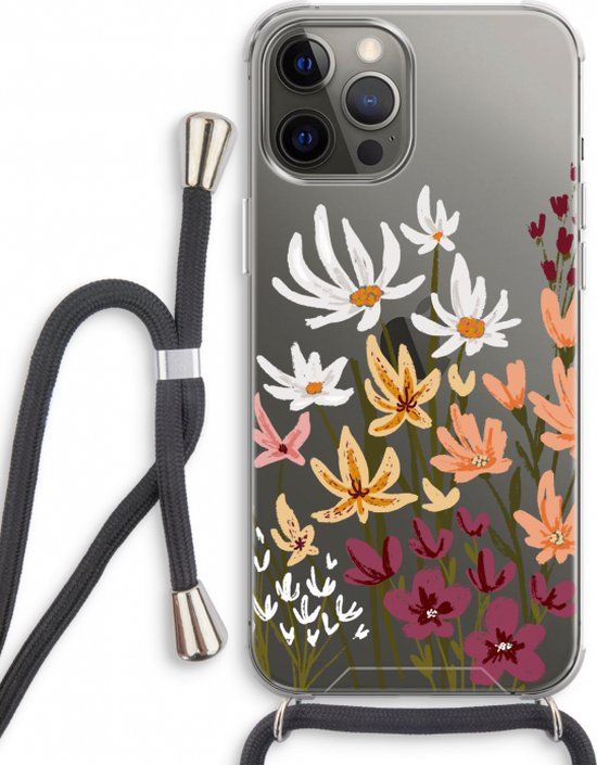 Case Company® - iPhone 12 Pro Hoesje met Koord - Painted wildflowers - Zwart Koord - Back Cover - TPU