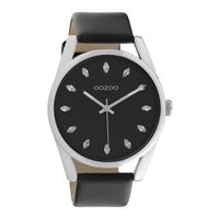OOZOO Timepieces - Zilverkleurig horloge met zwarte leren band - C10818