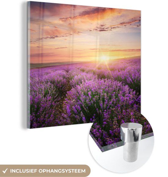 MuchoWow® Glass Painting 90x90 cm - Acrylic Glass Painting - Lavender - Sun - Flowers - Photo on Glass - Paintings