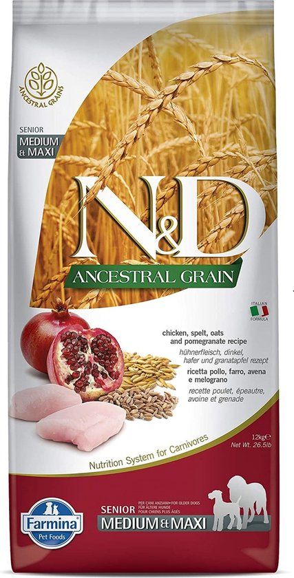 N&D Farmina Farmina Senior hondenvoer N&D medium-maxi Ancestral grain 12 kg (Kip - Vis - Vlees)