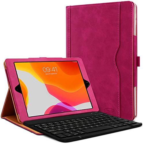 KARYLAX Beschermhoes met horizontale standfunctie, kleur: fuchsia, met Frans toetsenbord, AZERTY-verbinding, Bluetooth voor tablet Apple iPad 8e generatie 10.2 2020