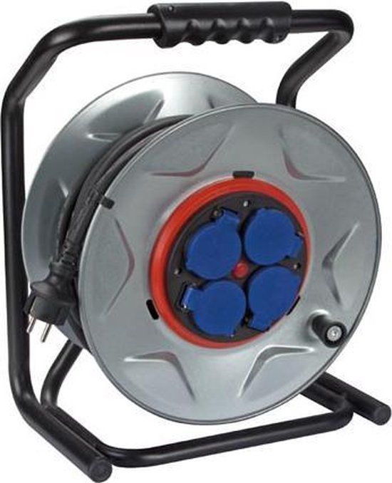 Perel Professionele kabelhaspel - 40m - 4 stopcontacten - spatwaterdicht (IP44) - zwart/grijs