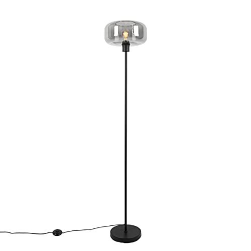 QAZQA Bizle Art Deco Vloerlamp - Zwart/Smoke Glas - E27 - H 146 cm - Grijs