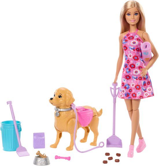 Barbie Malibu Wandelpuppy speelgoedset - Pop en hond die kan poepen en accessoires