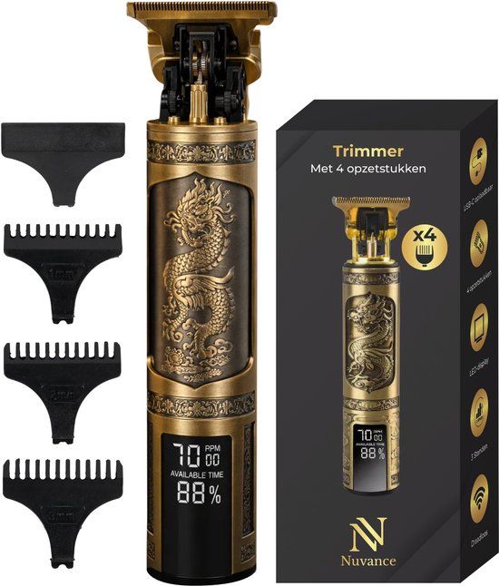 Nuvance - Tondeuse Mannen - LED Display - Incl Opzetstukken - Baardtrimmer en Trimmer Mannen - USB C Oplaadbaar - Goud met LED Display