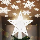 Bakaji Oplichtende ster-punt met reflecterende sneeuwvlokken op het plafond, hoogte 26 cm, decoratie kerstboomtopper, kerstdecoratie met glitter (wit)