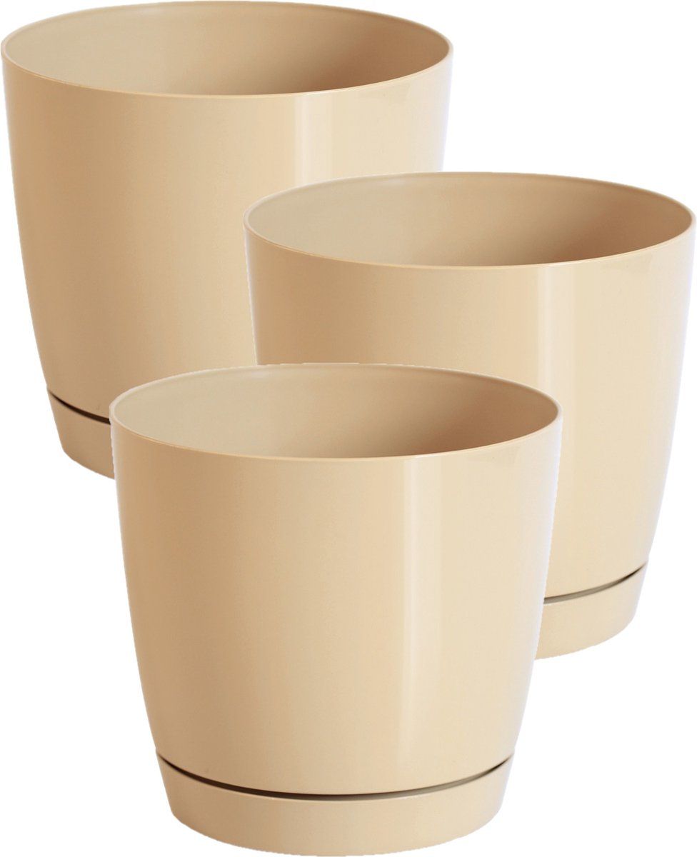 Prosperplast Set van 3x plantenpotten/bloempotten kunststof rond glanzend mat goud dia 24 x hoogte 22 cm voor binnen/buiten