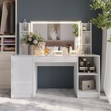 Vicco Kaptafel met licht Sherry, Wit/Wit Hoogglans, 158.2 cm met LED-spiegel