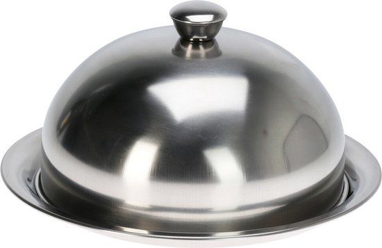 Excellent Houseware serveerschaal stolp met dienblad - Zilver - RVS - 25 cm