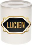 Bellatio Decorations Shoppartners Bv Spaarpot met voornaam Lucien - wit - met goud/zwart embleem - 8 x 9 cm - keramiek - met afsluitdop - cadeau verjaardag