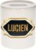 Bellatio Decorations Shoppartners Bv Spaarpot met voornaam Lucien - wit - met goud/zwart embleem - 8 x 9 cm - keramiek - met afsluitdop - cadeau verjaardag