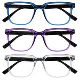 OPULIZE LEO Leesbril - 3-Pack - Groot Rechthoekig Montuur - Blauw, Paars, Transparant - Heren Dames - Veerscharnieren - RRR55-35C - +2.00
