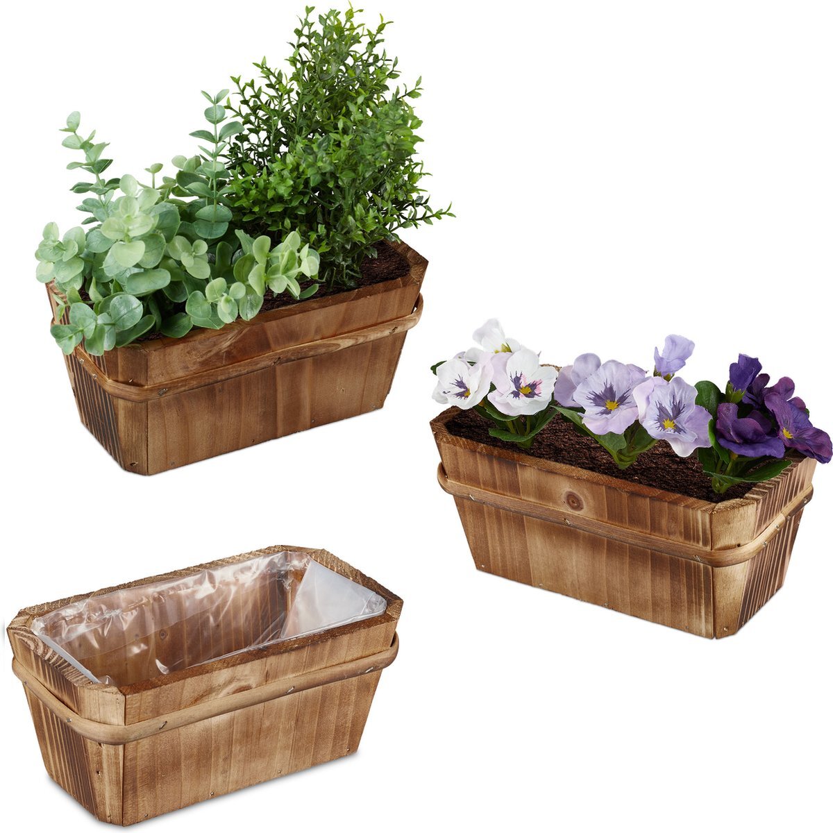 Relaxdays Plantenbak Hout Set Van Klein Balkonbak Met Folie Bloempot Natuur