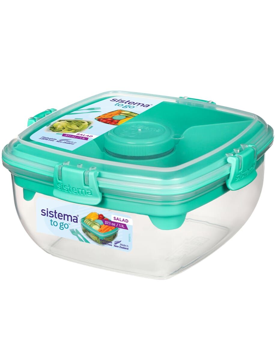 Sistema To Go Lunch Container - 1.1L - Mint - Polypropylene - Square - 3 Compartments - Includes Lid, Knife & Fork