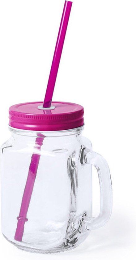 Glazen Mason Jar Drinkbeker - Roze - 500 ml - Met Rietje