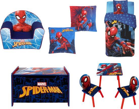 4KidsOnly Spiderman Slaapkamer Set - Dekbedovertrek - Kussen - Stoelen - Opbergkist - Tafel