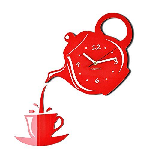 FLEXISTYLE Moderne wandklok voor de keuken Mok en pot rood, 45 cm x 45 cm, 3d, stil, design, made in EU