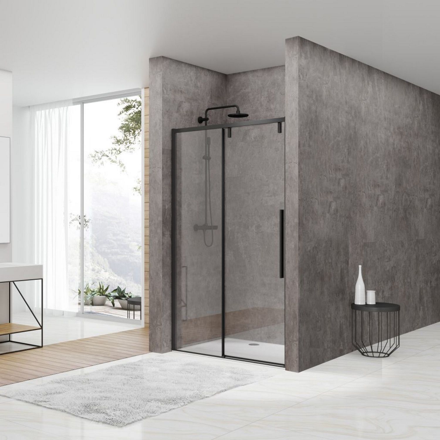 van Rijn ST06 Schuifdeur met Vaste Wand 160x200 cm 8 mm Soft Close Zwart