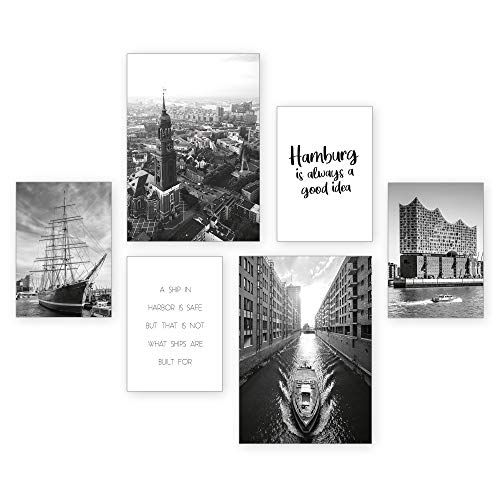 Kreative Feder Posterset | Hamburg | 6 schilderijen decoratie woonkamer modern slaapkamerbeeld voor uw muur – optioneel met lijst – 2 x DIN A3 & 4 x DIN A4 – ca. 30x40 & 20x30 Zonder lijst