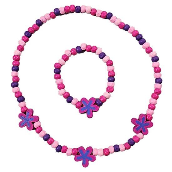 Fako Bijoux® Kinderketting en Armband - Hout - Bloemetjes Roze - Roze - Vrouwen - 1 stuk(s)