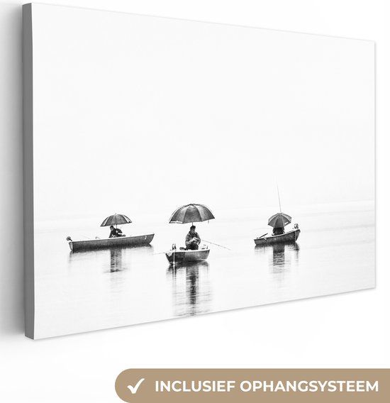 OneMillionCanvasses Canvas schilderij - Man - Boot - Vissen - Paraplu - Water - 180x120 cm - Foto op canvas
