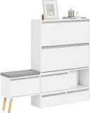 SoBuy FSR134-W Schoenenkast - Witte Houten Opbergkast met Bank