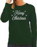 Bellatio Decorations Merry Christmas Kersttrui voor dames - groen - in zilveren glitter letters - kerstdiner kleding - lange mouwen XL