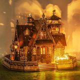 Merkloos Houten Puzzel Cottage - Miniatuur Bouwkit - Creatief Hobby - Met LED Verlichting - 30 cm - Meerkleurig