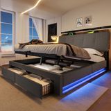 MODFU Gestoffeerd Bed - Opbergruimte En USB-C - LED-Verlichting - Voor Slaapkamer - Linnen En MDF - Grijs - 140 X 200 Cm