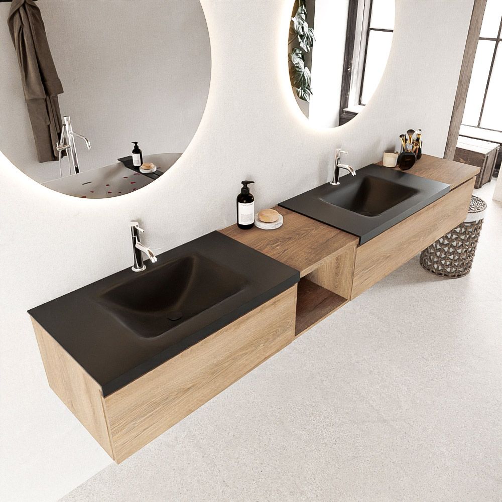 Mondiaz Bukla badmeubel links 3 lades en 2 kraangaten 240cm washed oak en urban