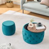 OKWISH Opbergpoef Set - Nestbaar 2 Delig - Met Houten Dienblad - Voor Woonkamer En Slaapkamer - Fluweel Blauw - 58 cm