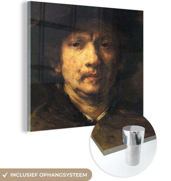 MuchoWow® Glass Painting 90x90 cm - Acrylic Glass Painting - Self-Portrait - Painting by Rembrandt van Rijn - Photo on Glass - Paintings