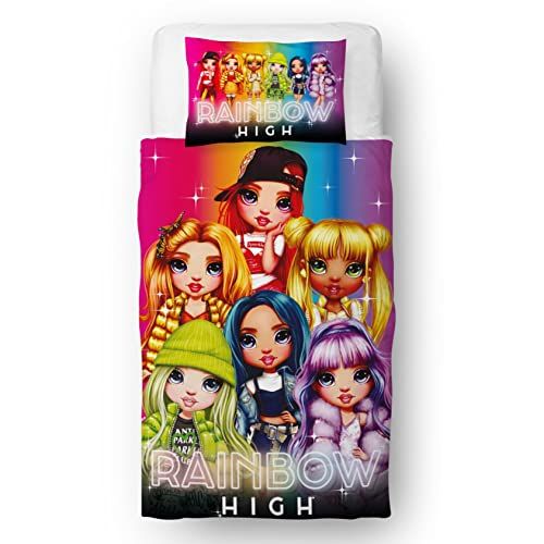 Rainbow High Officieel gelicentieerde eenpersoons dekbedovertrekset | omkeerbaar 2-zijdig gloeiend regenboogontwerp met bijpassende kussensloop, zacht en duurzaam polykatoen