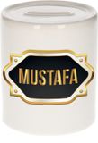 Bellatio Decorations Shoppartners Bv Spaarpot met voornaam Mustafa - wit - met goud/zwart embleem - 8 x 9 cm - keramiek - met afsluitdop - cadeau verjaardag