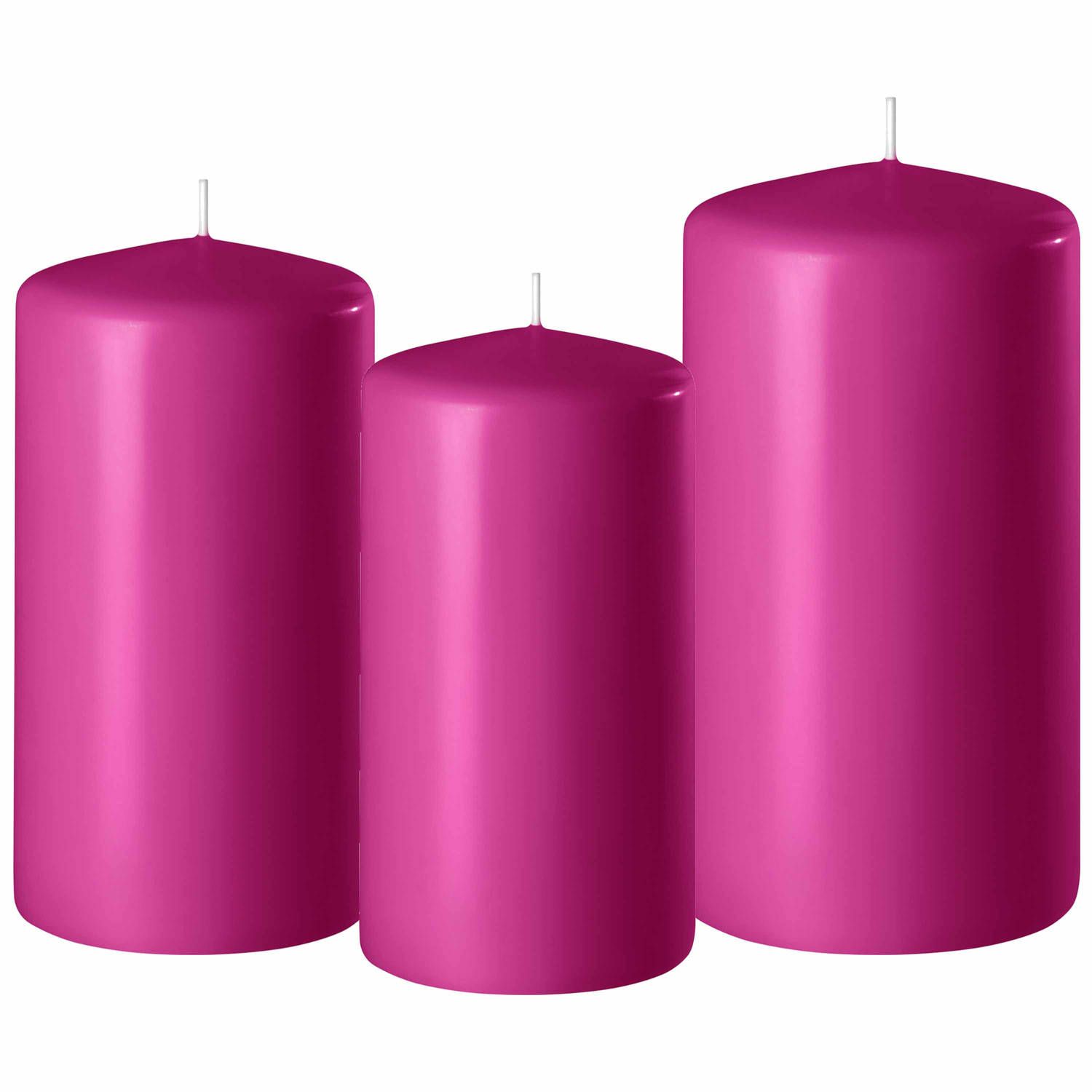 Enlightening Candles Panda Enlightening Candles Set van 3x stuks fuchsia roze stompkaarsen 10-12-15 cm met diameter 6 cm