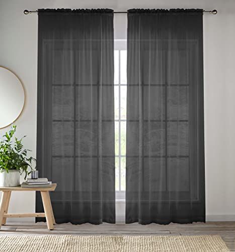 Enhanced Living Zwart Plain Geweven Voile Slot Top Gordijnpaneel Paar (145x122cm)